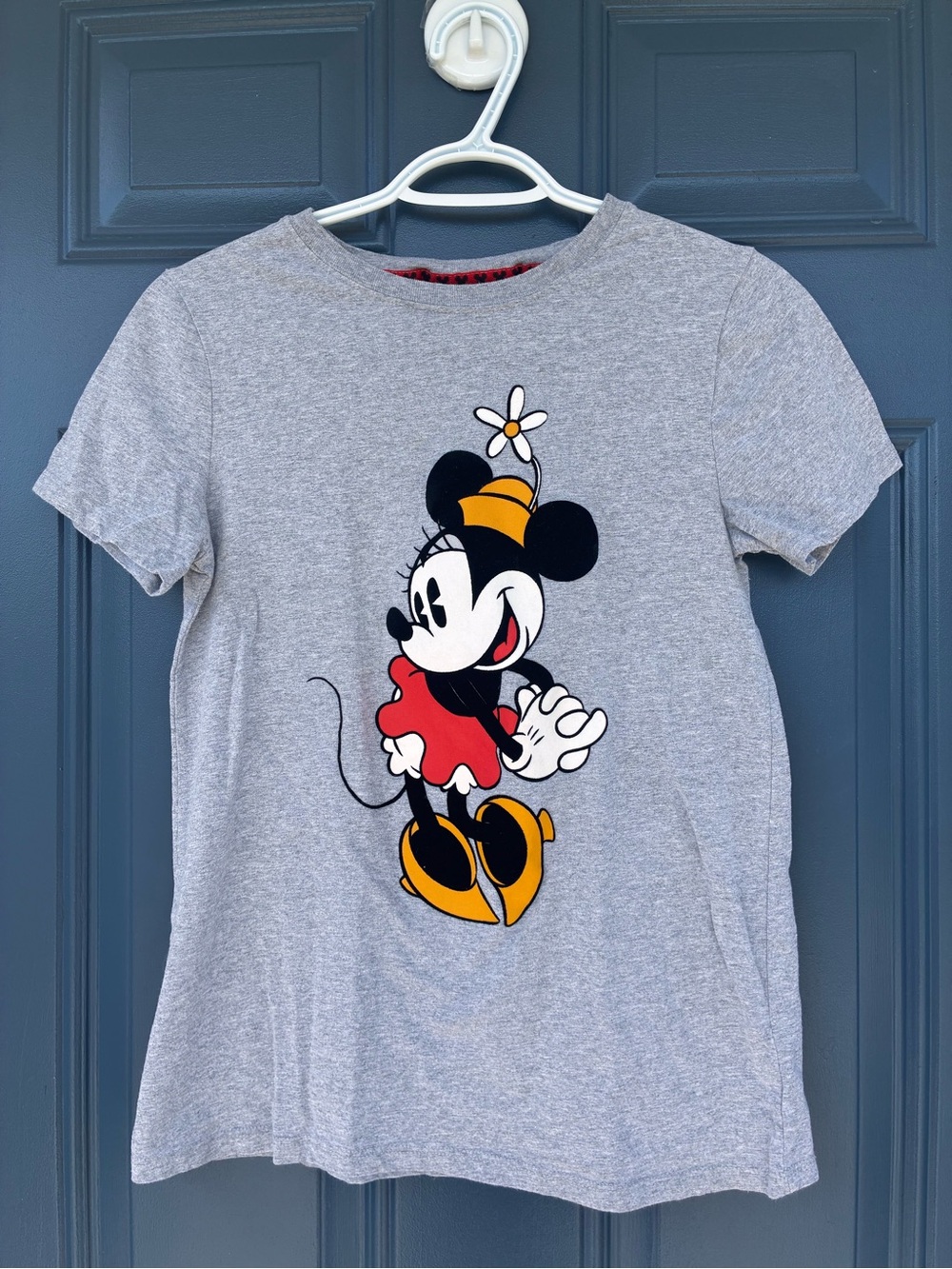 Disney Women’s Gray Tee with Minnie Mouse Velvet Graphic - Red, Yellow, Black